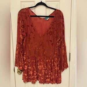 Turquoise Haven Orange Bell Sleeve Velvet Blouse